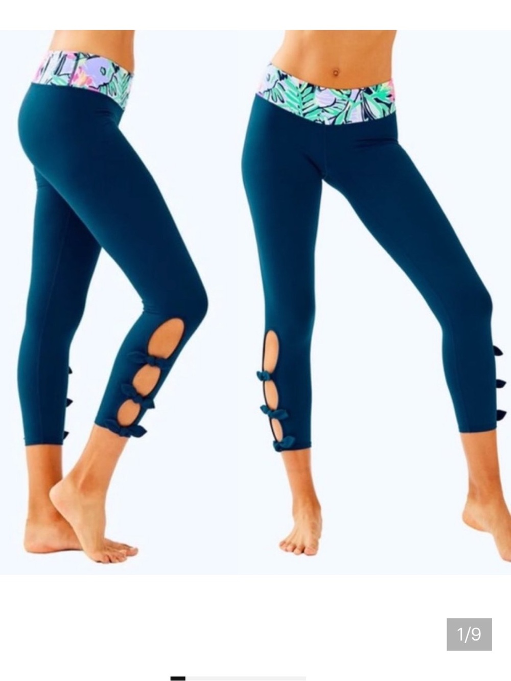 Lilly Pulitzer Luxletic Leggings Sz S Navy Tropical Floral Tie Hem Costal*53